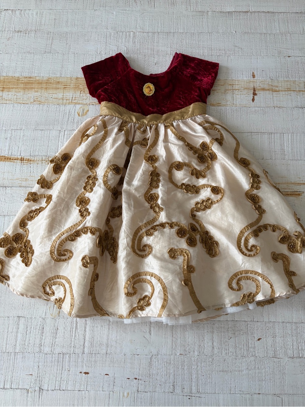 Disney Store size Small 5/6 Belle Red Velvet Gold Swirl Holiday Princess Dress